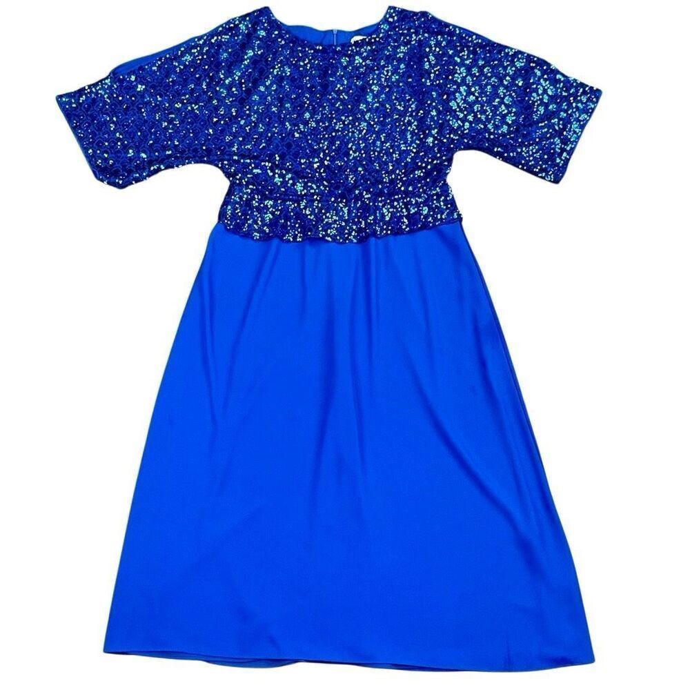 Grace Karin Royal Blue Dress Sequin Top Batwing Sleeves Solid Skirt Large